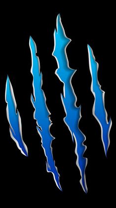 three blue and white metal blades on a black background