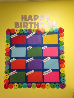 a colorful birthday board with lots of buttons on it and the words happy birthday written in large letters