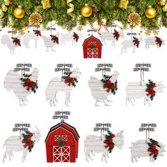 farm animals and christmas decorations on a white background