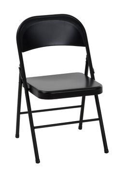 a black plastic folding chair against a white background