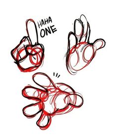 two hand gestures with the words haha one written on them in black and red ink