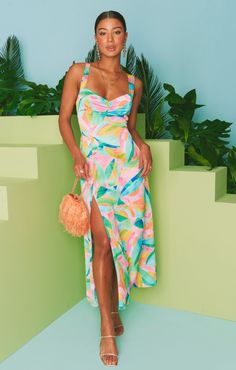 Mina Midi Dress ~ Tropicana Burst Luxe Satin Garden Wedding Dress Guest, Formal Wedding Guest Dress, Beach Wedding Guests, Beach Wedding Guest Dress, Brunch Dress, Purple Midi Dress, Rainbow Outfit, Tropical Dress, Guest Attire