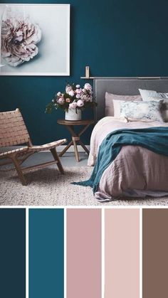 a bedroom with blue walls and pink accents