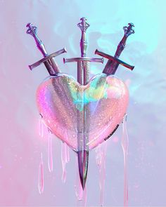 a heart shaped object with two swords sticking out of it's sides and dripping water