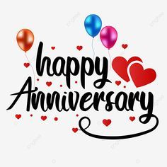 happy anniversary with balloons and hearts on white background, illustration, cartoon png and psd