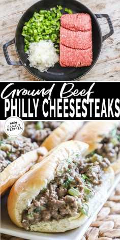 this is an image of ground beef and cheesesteaks in a skillet with text overlay