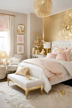 a bedroom decorated in gold and white