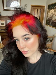 Fashion Color Root Melt, Fire Roots Hair, Orange Roots Red Hair, Rainbow Roots Black Hair, Black Hair With Vivid Highlights, Fire Dyed Hair, Vivid Roots Hair, Ginger Roots Black Hair, Dyed Roots Hair