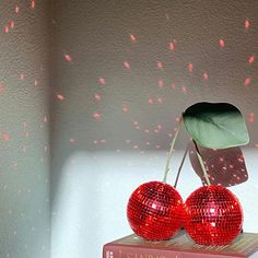 Material: Formed from Styrofoam and finished with mirrored glass tiles, with sparkling lights and twinkling effects. Cherry Disco Ball, Disco Room, Cherry Disco, Cherry Party, Disco Ball Decorations, Groovy Room, Uc Irvine, Red Rooms, Disco Balls