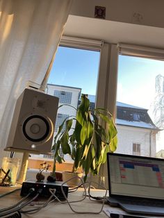 a laptop computer sitting on top of a desk next to a plant in front of a window