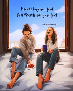 two women are sitting on a bed and one is holding a coffee cup while the other has a plate of food