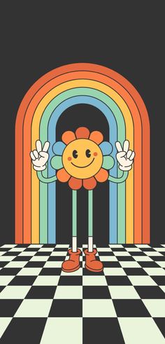 a cartoon character standing in front of a rainbow arch with his hands up to the side