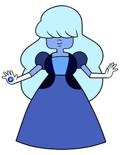 a woman in a blue dress with her hands out