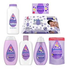 baby care products displayed on white background with purple and blue packagings, including bottles