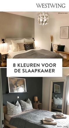 a bed room with a neatly made bed and two pictures above it that say 8 kleuren voor de slapakmer