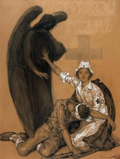 a drawing of a woman being assisted by an angel