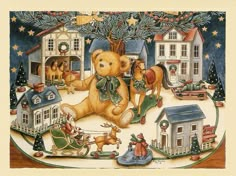 a teddy bear is sitting in the middle of a christmas scene with houses and animals