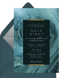 a black and blue wedding card with the words gala night written on it in gold