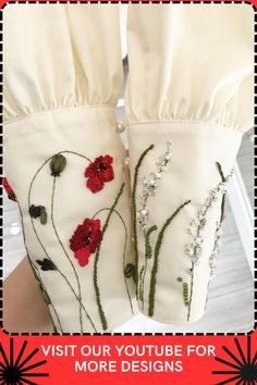 a pair of white gloves with red flowers on them and the words visit our youtube for more designs