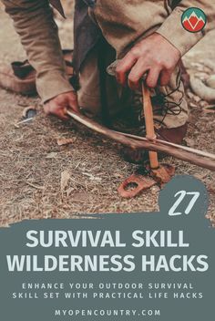 a man is holding a knife and wearing a jacket with the words survival skill wilderness hacks on it