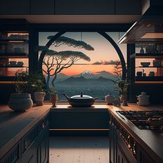 an image of a kitchen setting with the sun going down on mountains in the distance