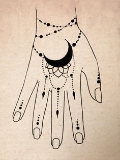 a drawing of a hand with beads and a crescent on it