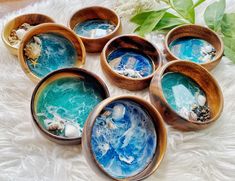 six wooden bowls filled with blue liquid and sea shells on a white furnishing