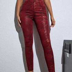 Never Worn Chic Red High Waist Jeans, Chic High Waist Red Jeans, Chic Red High-waist Jeans, Chic Red Stretch Jeans, Fitted Red Jeans For Fall, Chic Fitted Red Jeans, Red Fitted High-waisted Jeans, Chic Mid-rise Red Jeans, Chic Red Mid-rise Jeans