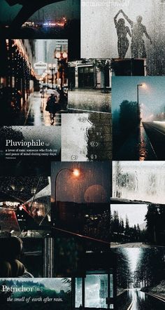 a collage of photos with rain and street lights