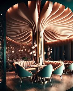 an artisticly designed dining room with blue chairs and round tables in front of a curved wall