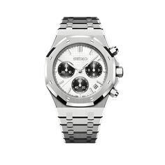 Seiko Mod Royal Oak Chrono Panda - Moddys Custom Watches Brand Stickers, Mechanical Movement, Brushed Stainless Steel, Cool Tools