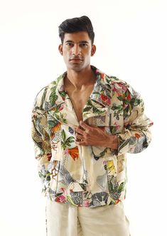 Mahima Mahajan Men-Multicolor Contemporary Jacket-INDIASPOPUP.COM Mahima Mahajan, Tropical Outfit, Indian Prints, Dupion Silk, Jungle Print, Trench Jacket, Satin Color, Jacket For Men, Fashion App