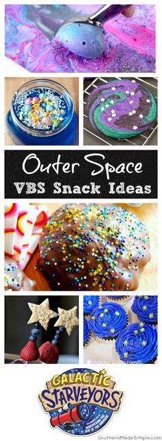 several different pictures with the words outer space vbs snack ideas on them and images of food