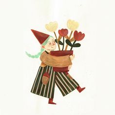 a drawing of a gnome carrying flowers in his arms