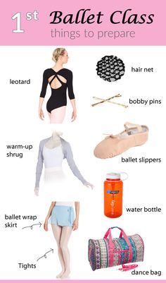 a poster with the words ballet class things to prepare on it, including shoes and bags