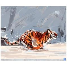 a painting of a tiger running through the snow