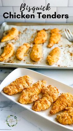 some chicken tenders are on a white tray and one is in the process of being cooked