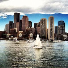 a sailboat is in the water near a city with tall buildings and cloudy skies