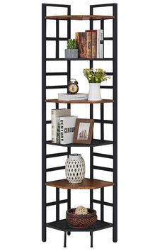 three tiered shelving unit with bookshelf and baskets on the bottom shelf