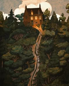 a painting of a house in the middle of a forest with a winding road leading to it