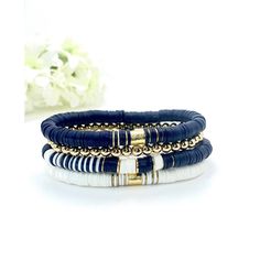 Navy And White Heishi Clay Polymer Beads With 18k Gold Accent Beads. All Three Bracelets Are Included In This Bundle. Stretch Bracelets Measure About 7” Heishi Beads Are Environmentally Friendly Polymer Clay And Extremely Resilient, Lightweight, And Retain Their Vibrant Colors. Each Has 18k Gold Plated Spacers Or Drum Anchor Beads. Thank You For Your Interest!! Free Gift With Purchase. Navy Heishi Bracelet, Flat Bead Bracelet Patterns, Masculine Clay Bead Bracelet, Navy Blue Clay Bead Bracelets, Navy Clay Bead Bracelet, Bracelets Polymer Clay, Beaded Clay Bracelets, Clay Bead Set Ideas, Trendy Bracelets 2024