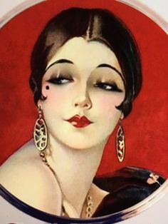 a painting of a woman with red lipstick and black gloves on her head, wearing large earrings