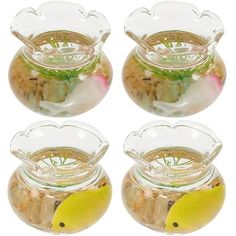 four clear glass bowls filled with different types of food