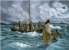 a painting of jesus walking on the water with his boat full of people in it