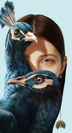 a woman with two peacocks on her face