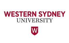 the western sydney university logo is shown on a white background with red letters and a shield