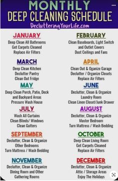 a poster with the words deep cleaning schedule written in different colors and font on it