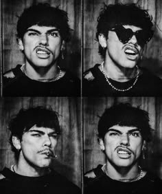 four different pictures of a man with sunglasses on his head and tongue sticking out to the side