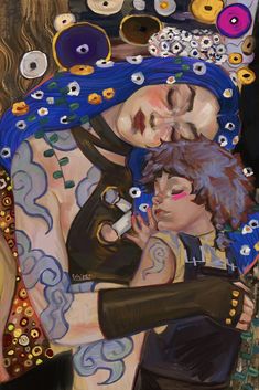 a painting of two people hugging each other with buttons all around them on the wall