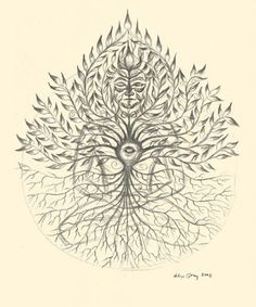 a drawing of a tree with leaves and an eye on it's center piece